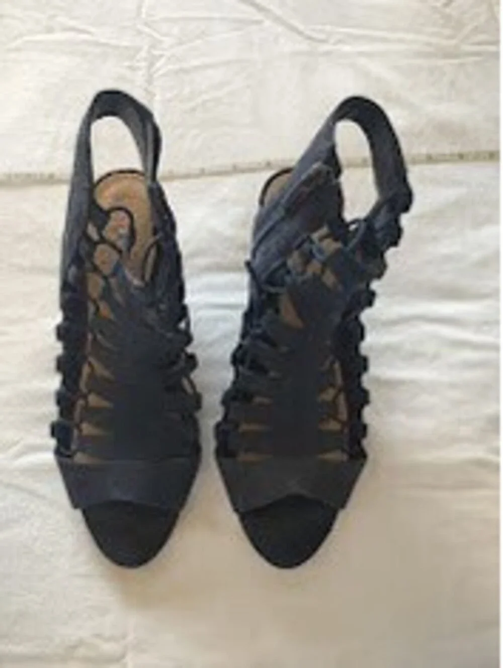 Vince Camuto Navy Leather Eliaz Cone Heeled Dress Sandal Sz7 #gladiator #peeptoe